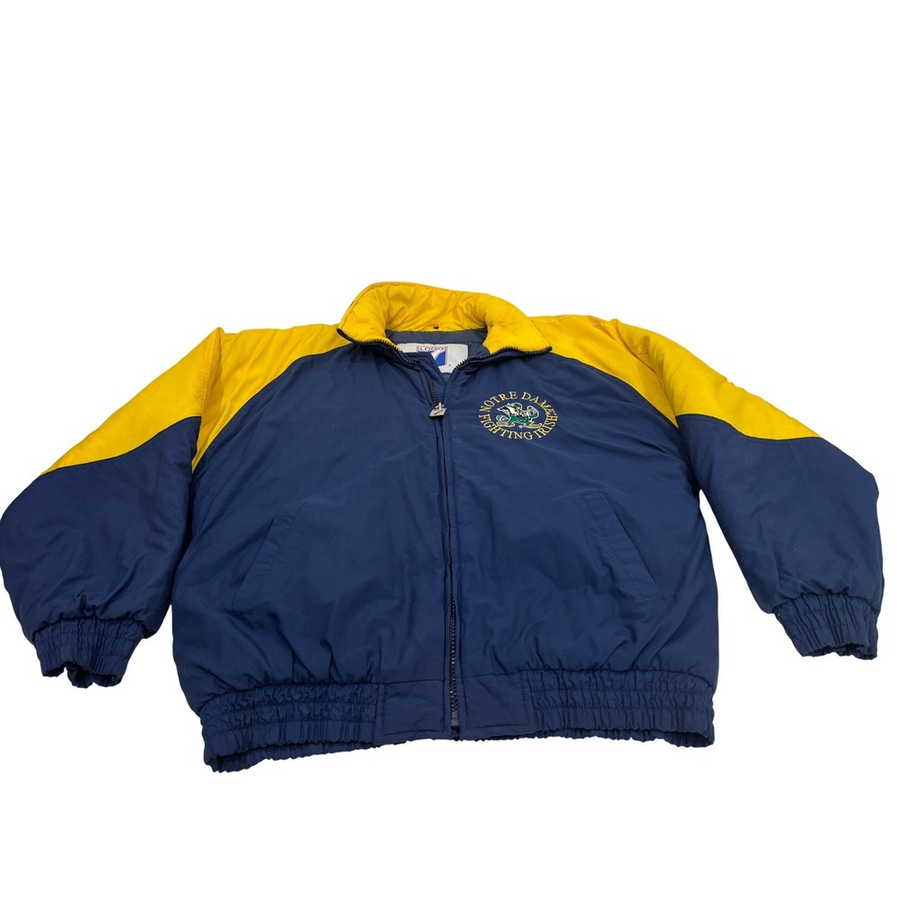 Vintage Logo 7 Notre Dame Fighting Irish Jacket Mens Large Blue Yellow Puffer L